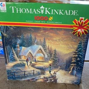 Thomas Kinkade Green Red Yellow Snowy Cottage 1000pc Puzzle